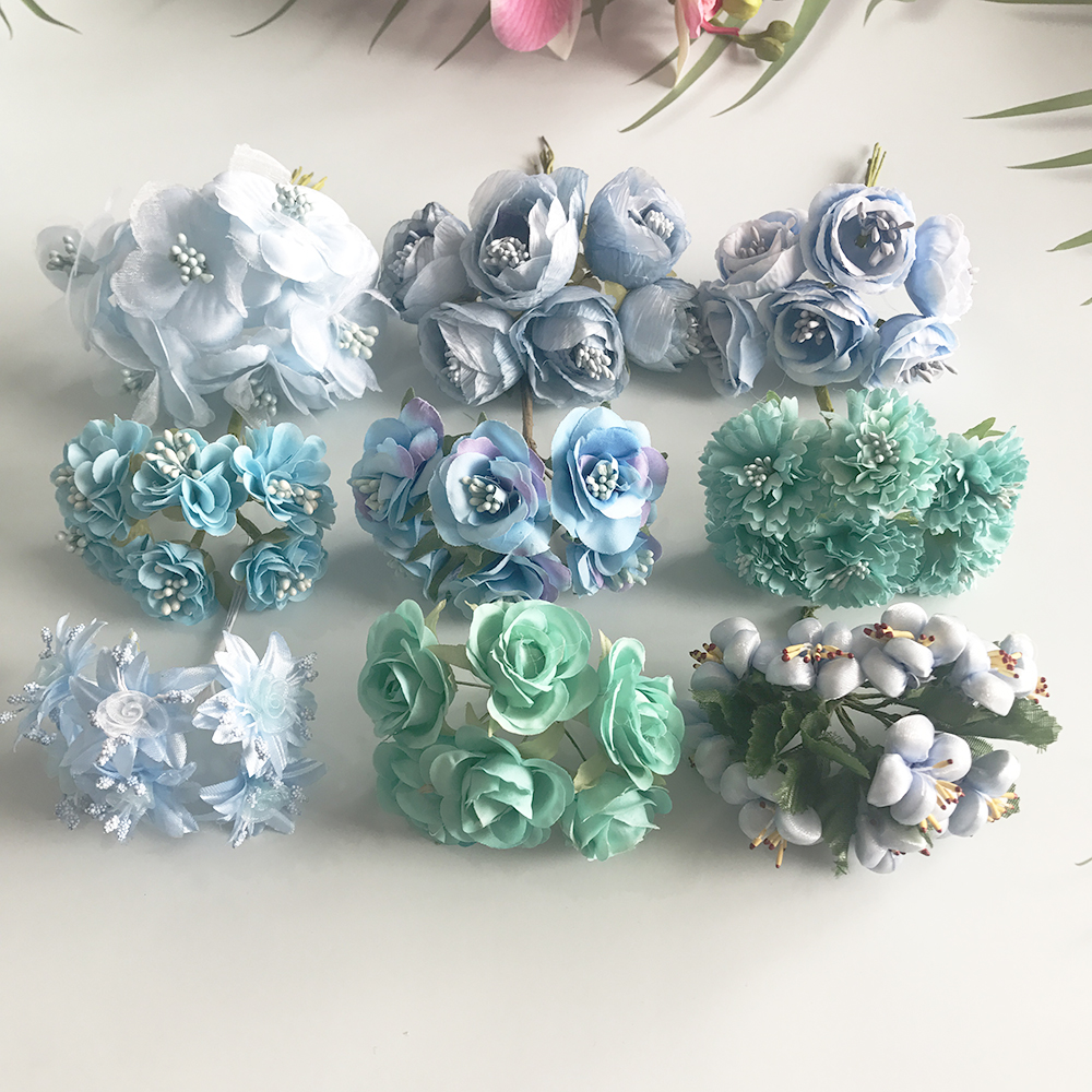 Christmas Wreath Fake - 6/10/12/pcs Mix Blue Flower Cherry Stamen